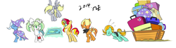 Size: 2750x750 | Tagged: safe, artist:rvceric, derpibooru import, derpy hooves, lightning dust, sunset shimmer, trixie, oc, oc:emerald green, oc:flint trigger, pony, alternate mane six, group, luggage, map, pixiv, simple background, white background