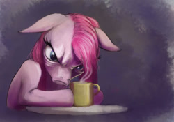 Size: 563x395 | Tagged: safe, artist:hattonslayden, pinkie pie, earth pony, pony, abstract background, coffee, female, floppy ears, grumpy, mare, morning ponies, mug, pinkamena diane pie, solo