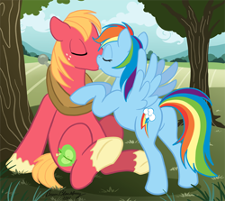 Size: 638x569 | Tagged: safe, artist:brianblackberry, big macintosh, rainbow dash, earth pony, pegasus, pony, female, kissing, leaning, male, mare, rainbowmac, shipping, sitting, stallion, straight, tree