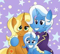 Size: 2275x2034 | Tagged: safe, artist:poseidonathenea, derpibooru import, jack pot, sunflower spectacle, trixie, abstract background, couple, cute, diatrixes, family, family photo, female, filly, jacktacle, male, shipping, smiling, straight, trio, trixie's family, trixie's parents, younger