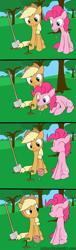 Size: 800x2630 | Tagged: safe, artist:loceri, applejack, pinkie pie, earth pony, pony, comic, duo, duo female, female, food, lollipop, mare, plant, planting, shovel, sitting, slice of life, smiling