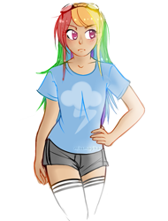 Size: 603x793 | Tagged: safe, artist:missmagikarp, rainbow dash, human, clothes, humanized, shirt, shorts, socks, solo, thigh highs