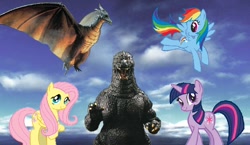 Size: 960x556 | Tagged: safe, derpibooru import, fluttershy, rainbow dash, twilight sparkle, kaiju, pegasus, pony, crossover, godzilla, godzilla (series), heisei godzilla, photoshop, rodan