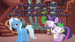 Size: 1190x670 | Tagged: safe, artist:dm29, derpibooru import, edit, spike, trixie, twilight sparkle, dragon, unicorn, best pony, clothes, goggles, golden oaks library, image macro, lab coat, laboratory, meme, science, smug, stairs, stopwatch, text