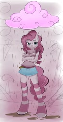 Size: 627x1200 | Tagged: safe, artist:dragontheshadows, pinkie pie, anthro, unguligrade anthro, chocolate rain, clothes, cloud, cross-popping veins, crossed arms, discorded, female, frown, meanie pie, socks, solo, striped socks