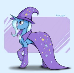 Size: 1366x1334 | Tagged: safe, artist:kirasunnight, derpibooru import, trixie, pony, unicorn, abstract background, cape, chest fluff, clothes, female, hat, mare, socks, solo, trixie's cape, trixie's hat