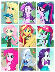 Size: 3106x4096 | Tagged: safe, artist:charliexe, derpibooru import, applejack, fluttershy, pinkie pie, rainbow dash, rarity, sci-twi, starlight glimmer, sunset shimmer, trixie, twilight sparkle, better together, equestria girls, forgotten friendship, clothes, cute, dashabetes, diapinkes, diatrixes, glimmerbetes, heart hands, humane five, humane nine, humane seven, humane six, jackabetes, looking at you, looking over shoulder, mane nine, one eye closed, raribetes, shimmerbetes, shyabetes, swimsuit, twiabetes, undressing, wetsuit