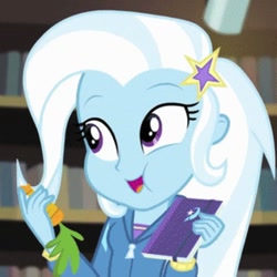 Size: 719x720 | Tagged: safe, derpibooru import, screencap, trixie, better together, equestria girls, forgotten friendship, carrot, cropped, eating, food, solo