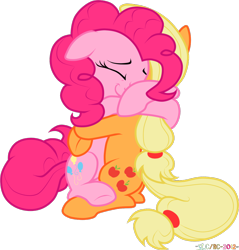 Size: 1028x1077 | Tagged: safe, artist:stupidlittlecreature, applejack, pinkie pie, earth pony, pony, applepie, eyes closed, female, hug, lesbian, mare, shipping, simple background, transparent background, vector