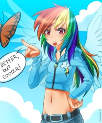 Size: 700x840 | Tagged: safe, artist:racoonsan, rainbow dash, butterfly, human, may the best pet win, belly button, breasts, clothes, cropped, delicious flat chest, female, humanized, midriff, rainbow flat, scene interpretation, short shirt, skinny, solo, sweater, winged humanization