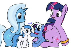 Size: 620x442 | Tagged: safe, artist:dekomaru, derpibooru import, edit, trixie, twilight sparkle, oc, oc:flipsy, oc:nebula, earth pony, pony, unicorn, ask, cropped, female, lesbian, magical lesbian spawn, offspring, parent:trixie, parent:twilight sparkle, parents:twixie, pregnant, shipping, tumblr, tumblr:ask twixie, twixie