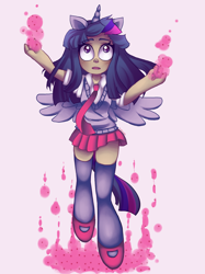 Size: 1280x1707 | Tagged: safe, artist:kuriwuri, twilight sparkle, twilight sparkle (alicorn), alicorn, human, clothes, eared humanization, horned humanization, humanized, magic, mary janes, skirt, solo, sweater vest, tailed humanization, thigh highs, winged humanization