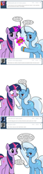 Size: 600x2402 | Tagged: safe, artist:dekomaru, derpibooru import, trixie, twilight sparkle, pony, unicorn, ask, blushing, comic, female, lesbian, ring, shipping, tumblr, tumblr:ask twixie, twixie