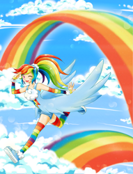 Size: 1600x2097 | Tagged: safe, artist:chikorita85, rainbow dash, human, clothes, cute, dashabetes, female, humanized, one eye closed, open mouth, ponytail, rainbow, sky, smiling, socks, solo, striped socks, wings, wink