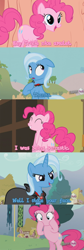 Size: 700x2090 | Tagged: safe, derpibooru import, pinkie pie, trixie, earth pony, pony, magic duel, alicorn amulet, asdfmovie, blue text, comic, image macro, meme, no mouth, pink text