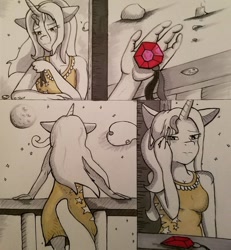 Size: 900x975 | Tagged: safe, artist:zalla661, derpibooru import, trixie, anthro, clothes, dress, gem, sad, siren gem, solo, traditional art