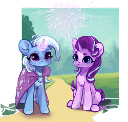 Size: 2090x2000 | Tagged: safe, artist:graypillow, derpibooru import, starlight glimmer, trixie, pony, unicorn, cape, clothes, cute, diatrixes, duo, female, fireworks, glimmerbetes, glowing horn, hatless, magic, mare, missing accessory, simple background, transparent background, trixie's cape