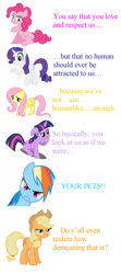 Size: 855x1920 | Tagged: safe, derpibooru import, applejack, fluttershy, pinkie pie, rainbow dash, rarity, twilight sparkle, earth pony, pegasus, pony, unicorn, insane troll logic, meta