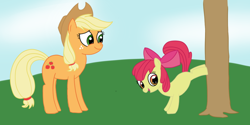 Size: 1092x545 | Tagged: safe, artist:elslowmo, apple bloom, applejack, earth pony, pony, apple sisters, applebucking, duo, duo female, female, filly, foal, mare, original artist unknown, siblings, sisters, tree