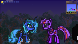 Size: 1908x1080 | Tagged: safe, artist:boulderbash, princess luna, twilight sparkle, unicorn twilight, alicorn, pony, unicorn, game screencap, pixel art, s1 luna, terraria