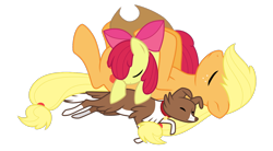 Size: 1250x690 | Tagged: safe, artist:kumkrum, apple bloom, applejack, winona, border collie, dog, earth pony, pony, adorabloom, apple bloom's bow, apple sisters, applejack's hat, bow, cowboy hat, cute, eyes closed, female, filly, foal, hair bow, hat, jackabetes, mare, on back, pony pile, pony pillow, siblings, simple background, sisters, sleeping, transparent background, trio, trio female, winonabetes