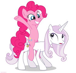 Size: 2200x2100 | Tagged: safe, artist:larsurus, part of a series, part of a set, fleur-de-lis, pinkie pie, earth pony, pony, unicorn, confused, duo, duo female, female, grin, high res, mare, ponies riding ponies, riding, simple background, smiling, solo, transparent background, vector