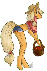 Size: 750x1121 | Tagged: safe, artist:tatious, applejack, anthro, plantigrade anthro, apple, applerack, basket, breasts, clothes, daisy dukes, female, midriff, simple background, solo