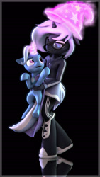 Size: 5400x9600 | Tagged: safe, artist:imafutureguitarhero, derpibooru import, trixie, oc, oc:yaasho, anthro, pony, unguligrade anthro, unicorn, 3d, absurd resolution, adidas, anthro with ponies, black background, blushing, boots, border, cape, chromatic aberration, clothes, cute, diatrixes, dress, duo, female, film grain, floating, floppy ears, glasses, glow, glowing horn, grin, happy, hat, holding a pony, hoodie, horn, levitation, magic, mare, nail polish, pants, raised eyebrow, raised hoof, reflection, shoes, signature, simple background, skirt, smiling, source filmmaker, telekinesis, tracksuit, trixie's cape, trixie's hat, vertical, wall of tags