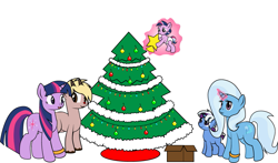 Size: 1013x596 | Tagged: safe, derpibooru import, edit, trixie, twilight sparkle, oc, oc:aurora, oc:nebula, christmas, christmas star, christmas tree, female, holiday, lesbian, magical lesbian spawn, offspring, parent:trixie, parent:twilight sparkle, parents:twixie, shipping, tree, twixie