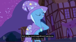 Size: 633x350 | Tagged: safe, derpibooru import, screencap, trixie, pony, unicorn, boast busters, female, mare, meme, night, solo, youtube caption