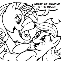 Size: 945x945 | Tagged: safe, artist:megasweet, applejack, rarity, earth pony, pony, unicorn, eye contact, female, lesbian, looking at each other, mare, monochrome, on back, rarijack, shipping, smiling