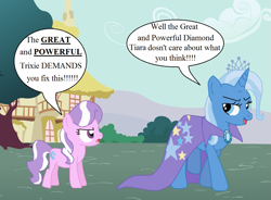 Size: 1213x895 | Tagged: safe, artist:cmpony, artist:thewalrusclown, derpibooru import, diamond tiara, trixie, accessory swap, body swap, evil grin, frown, speech bubble, swapped cutie marks, unamused