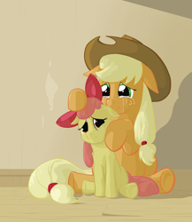 Size: 2000x2300 | Tagged: safe, artist:jakneurotic, apple bloom, applejack, earth pony, pony, apple sisters, crying, duo, duo female, female, filly, floppy ears, foal, high res, mare, sad, siblings, sisters, sitting, smiling