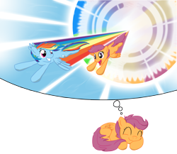 Size: 2880x2501 | Tagged: safe, artist:from-yesterday-xx, rainbow dash, scootaloo, pegasus, pony, dream, duo, female, filly, flying, high res, mare, sleeping, smiling, sonic rainboom