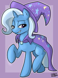 Size: 1280x1707 | Tagged: safe, artist:strangerdanger, derpibooru import, trixie, pony, unicorn, female, mare, smiling, solo, trixie's cape, trixie's hat