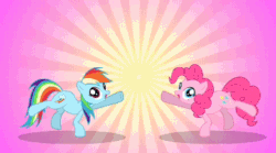 Size: 360x200 | Tagged: safe, artist:misterdavey, pinkie pie, rainbow dash, earth pony, pegasus, pony, fanfic:cupcakes, abstract background, animated, better without context, cupcakes hd, cupcakes.swf, dancing, duo, duo female, female, gif, mare