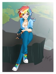 Size: 3123x4116 | Tagged: safe, artist:shinta-girl, rainbow dash, human, clothes, converse, female, fingerless gloves, gloves, grin, humanized, looking at you, shoes, sitting, skinny, smiling, solo