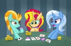 Size: 5100x3299 | Tagged: safe, artist:php92, derpibooru import, lightning dust, sunset shimmer, trixie, pegasus, pony, unicorn, card, poker