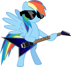 Size: 7134x6724 | Tagged: safe, artist:mysteriouskaos, rainbow dash, pegasus, pony, absurd resolution, bipedal, electric guitar, female, flying v, guitar, mare, simple background, solo, spread wings, sunglasses, transparent background, vector