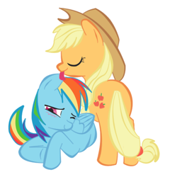 Size: 500x520 | Tagged: artist needed, safe, applejack, rainbow dash, earth pony, pegasus, pony, appledash, blushing, female, lesbian, licking, mare, prone, shipping, simple background, white background