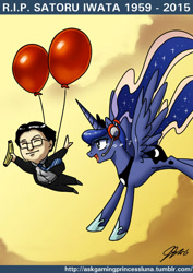 Size: 600x848 | Tagged: safe, artist:johnjoseco, princess luna, alicorn, human, pony, ask gaming princess luna, balloon, balloon fight, banana, crying, female, flying, gamer luna, mare, nintendo, open mouth, rest in peace, satoru iwata, signature, smiling, spread wings