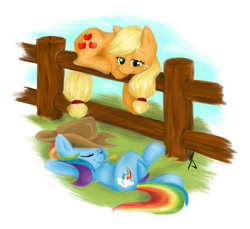 Size: 815x747 | Tagged: safe, artist:littletiger488, applejack, rainbow dash, earth pony, pegasus, pony, accessory swap, appledash, female, fence, lesbian, mare, on back, prone, resting, shipping, smiling