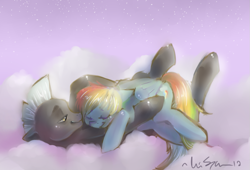 Size: 929x632 | Tagged: safe, artist:candyponi, rainbow dash, thunderlane, pegasus, pony, cloud, cloudy, cuddling, female, floppy ears, happy, hug, male, mare, on back, shipping, smiling, snuggling, stallion, straight, thunderdash