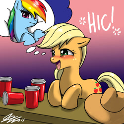 Size: 900x900 | Tagged: safe, artist:johnjoseco, applejack, rainbow dash, earth pony, pegasus, pony, appledash, blushing, cup, dream, drunk, drunk aj, female, gradient background, lesbian, mare, shipping, thought bubble