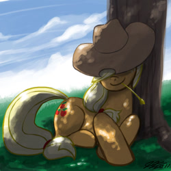 Size: 900x900 | Tagged: safe, artist:johnjoseco, applejack, earth pony, pony, dappled sunlight, female, hat over eyes, mare, prone, resting, smiling, solo, straw, tree