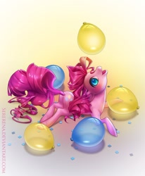 Size: 900x1091 | Tagged: safe, artist:sererena, pinkie pie, earth pony, pony, balloon, confetti, female, looking up, mare, prone, solo