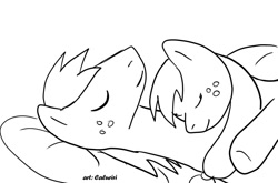 Size: 1000x660 | Tagged: safe, artist:caluriri, applejack, big macintosh, earth pony, pony, cuddling, duo, female, male, mare, monochrome, sleeping, stallion