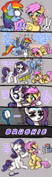 Size: 506x1708 | Tagged: safe, artist:emlan, angel bunny, fluttershy, rainbow dash, rarity, pegasus, pony, unicorn, !!!, alternate hairstyle, brushie, comic, crying, cute, female, makeover, mare