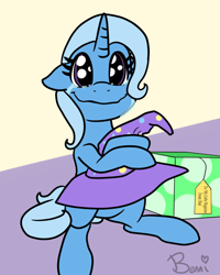 Size: 800x1000 | Tagged: safe, artist:bennimarru, derpibooru import, trixie, clothes, crying, cute, diatrixes, female, filly, flat colors, hat, implied jack pot, manechat challenge, present, simple background, sitting up, smiling, solo, tears of joy, trixie's hat, weapons-grade cute, young, younger