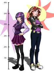 Size: 2878x3908 | Tagged: safe, artist:smilingdogz, sunset shimmer, twilight sparkle, human, comic:thousand lights, clothes, humanized, jacket, looking at you, miniskirt, necktie, school uniform, schoolgirl, sisters, size chart, skirt, socks, sweater vest, thigh highs, zettai ryouiki